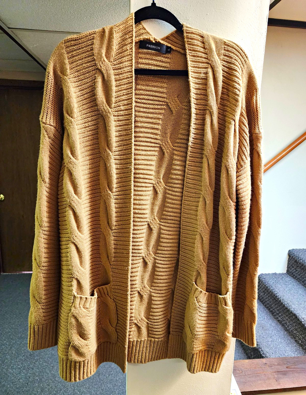 FASHION Beige Solid Cable Knit Open Front V-Neck Long Sleeve Cardigan L